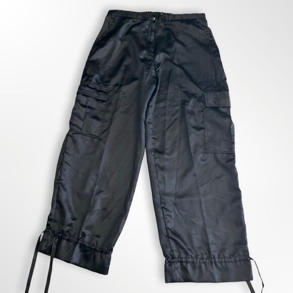 American Vintage Pants - VTG 80s, Selene Sport, Black Satin Cargo Pants, Cinched ankle, sz L, Streetwear